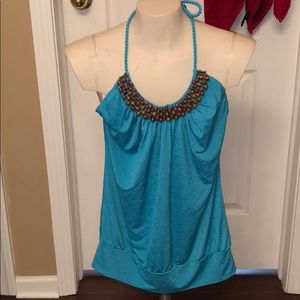 Blue and Brown Beaded Halter Top